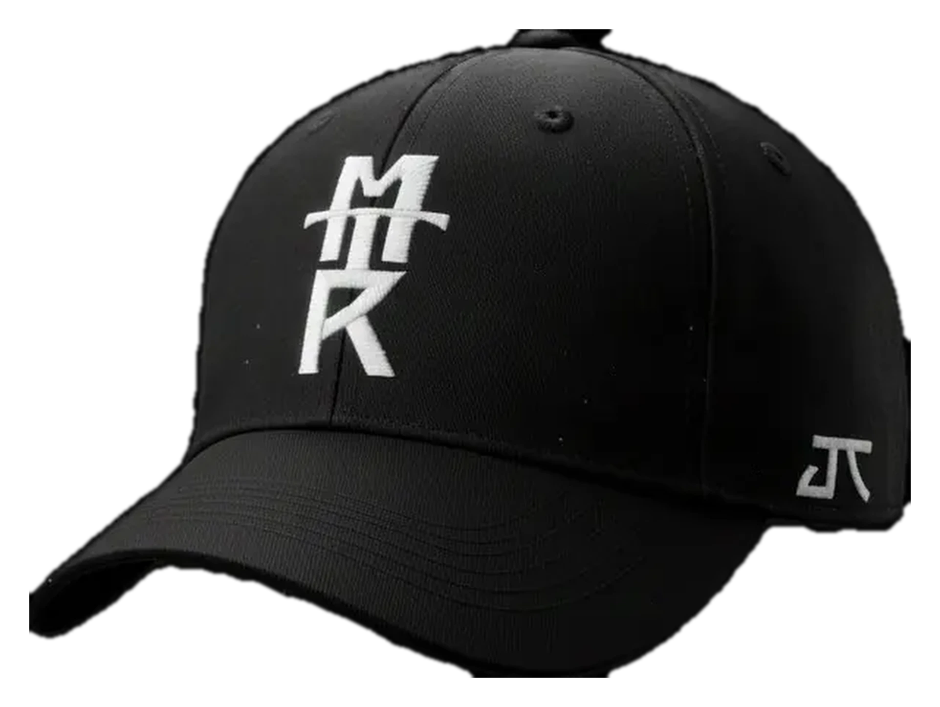 Objection Cap — black six-panel cap with white embroidered MTR monogram